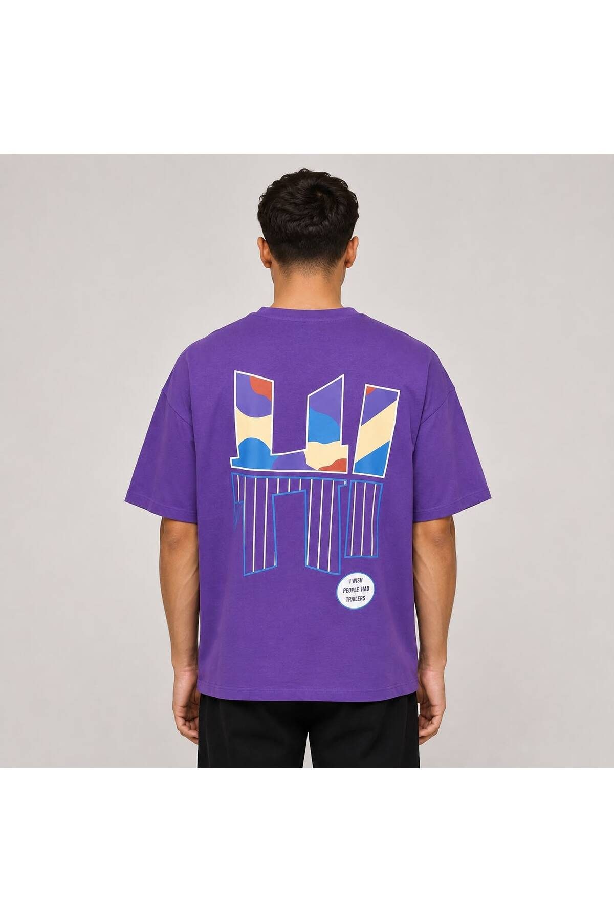 Oversize Erkek T-Shirt Mor – Ön Ve Sırt Baskılı Bisiklet Yaka Kısa Kollu Günlük Tişört