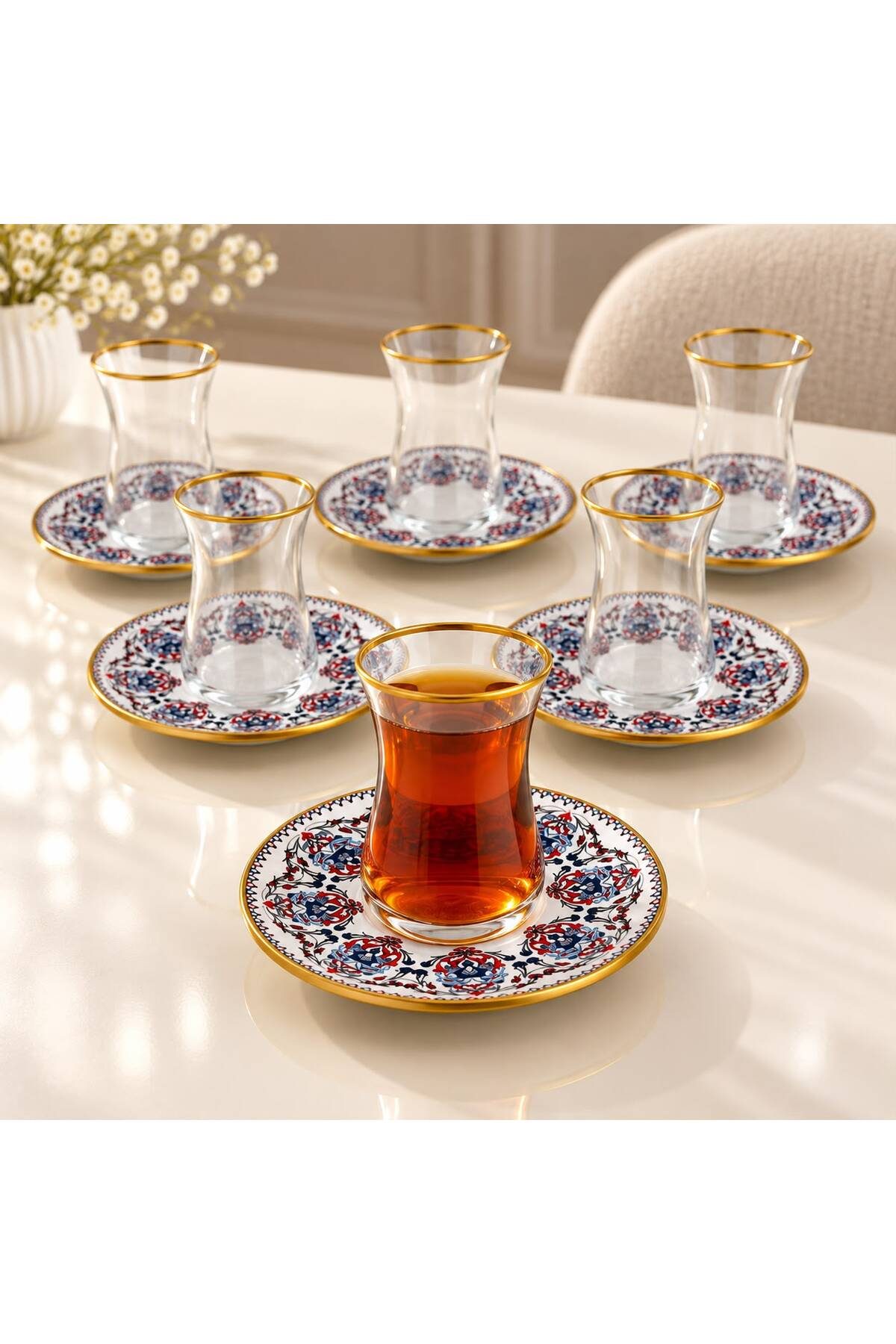 6 Kişilik 12 Parça Çay Bardağı Seti Gold Kenarlı Çeyizlik Şık Çay Takımı