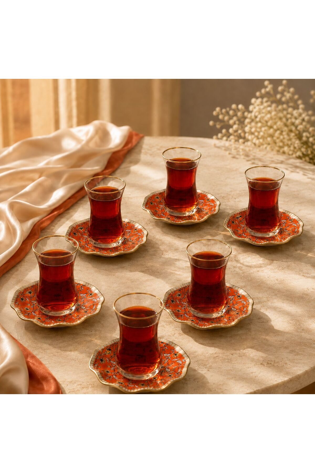 Modern Çiçek Desenli Çay Bardağı Takımı 6 Kişilik 12 Parça Turuncu