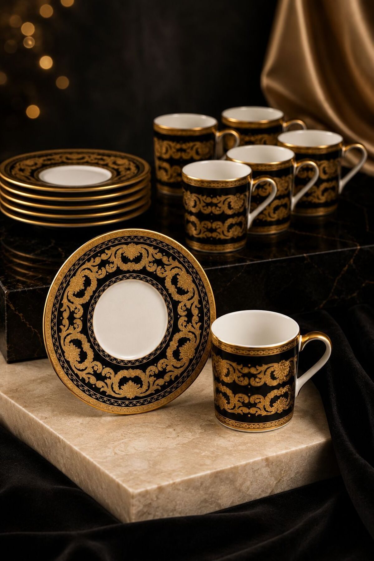 6 Kişilik Siyah Gold Türk Kahvesi Fincan Takımı 12 Parça Lüks Desenli Set