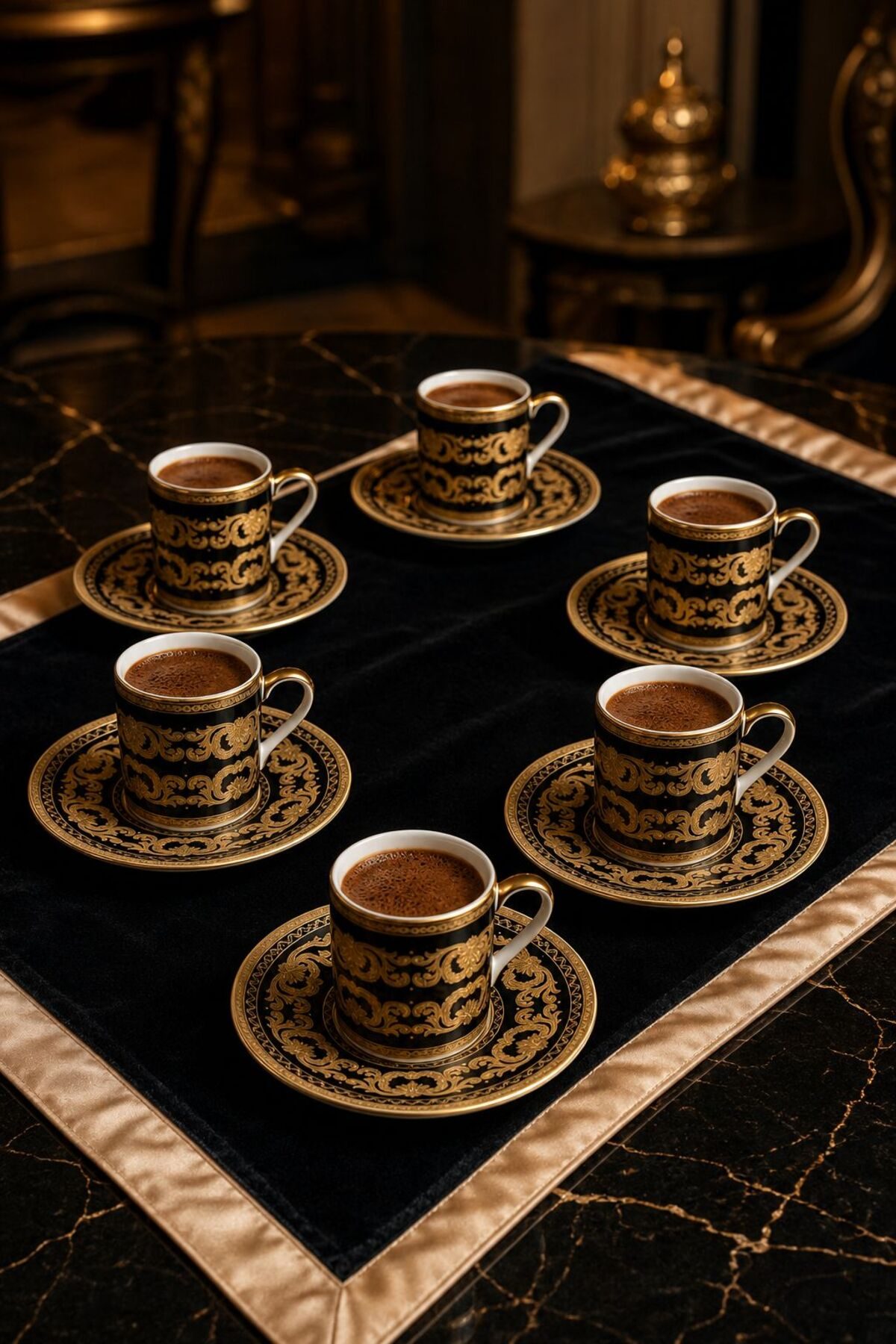 6 Kişilik Siyah Gold Türk Kahvesi Fincan Takımı 12 Parça Lüks Desenli Set