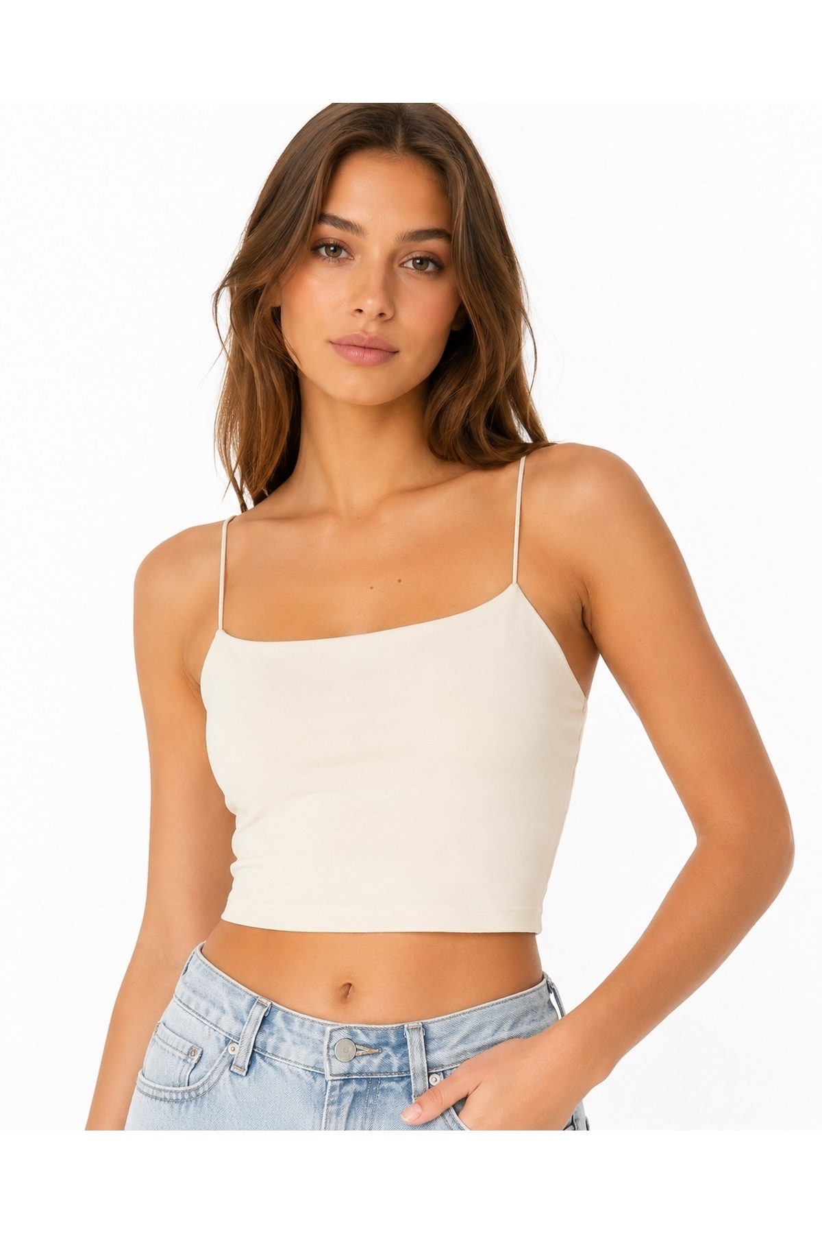 Kadın Krem İnce Askılı Crop Atlet Esnek Basic Günlük Top