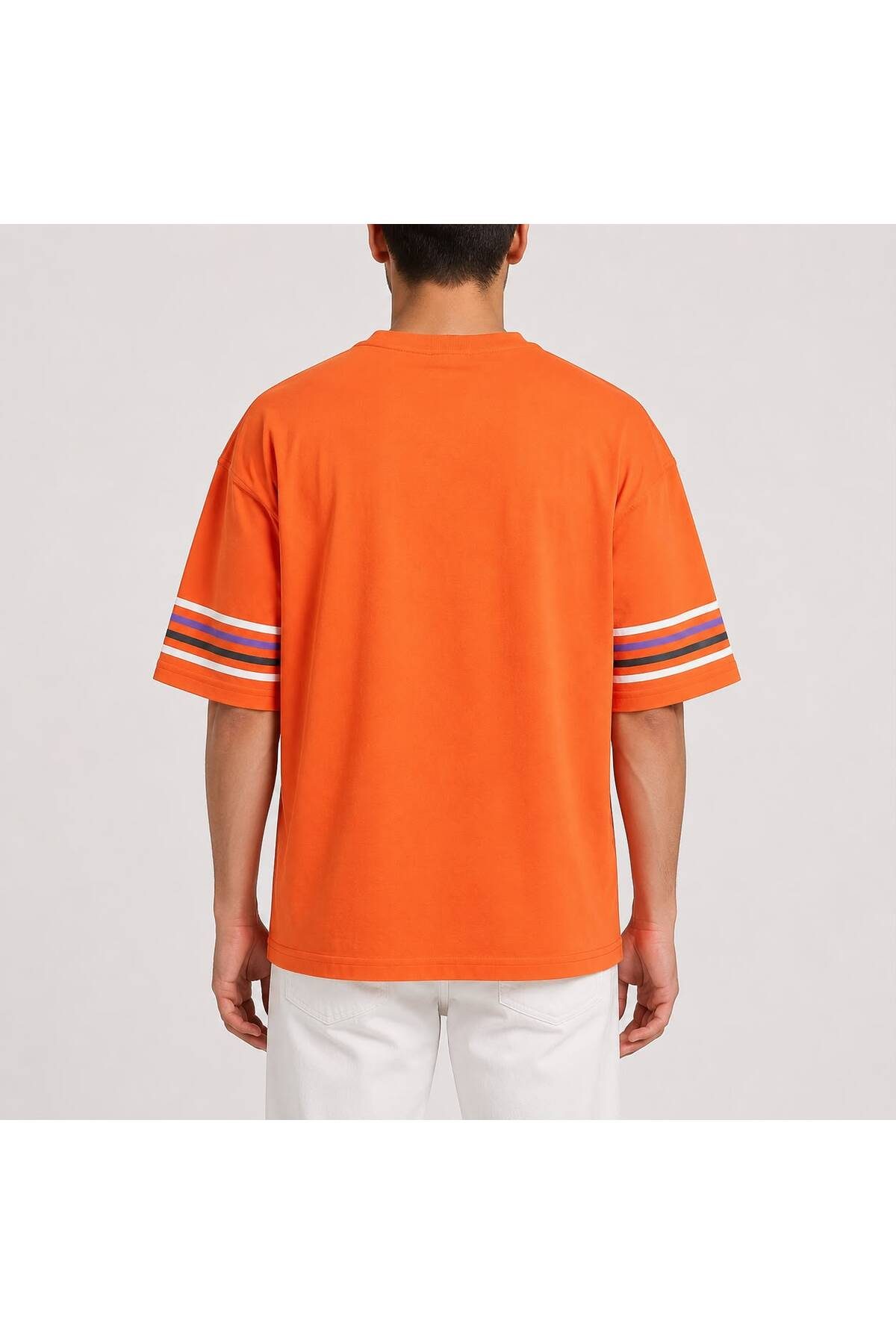 Oversize Erkek T-Shirt Turuncu – Kol Şerit Detaylı Baskılı Bisiklet Yaka Kısa Kollu Günlük Tişört