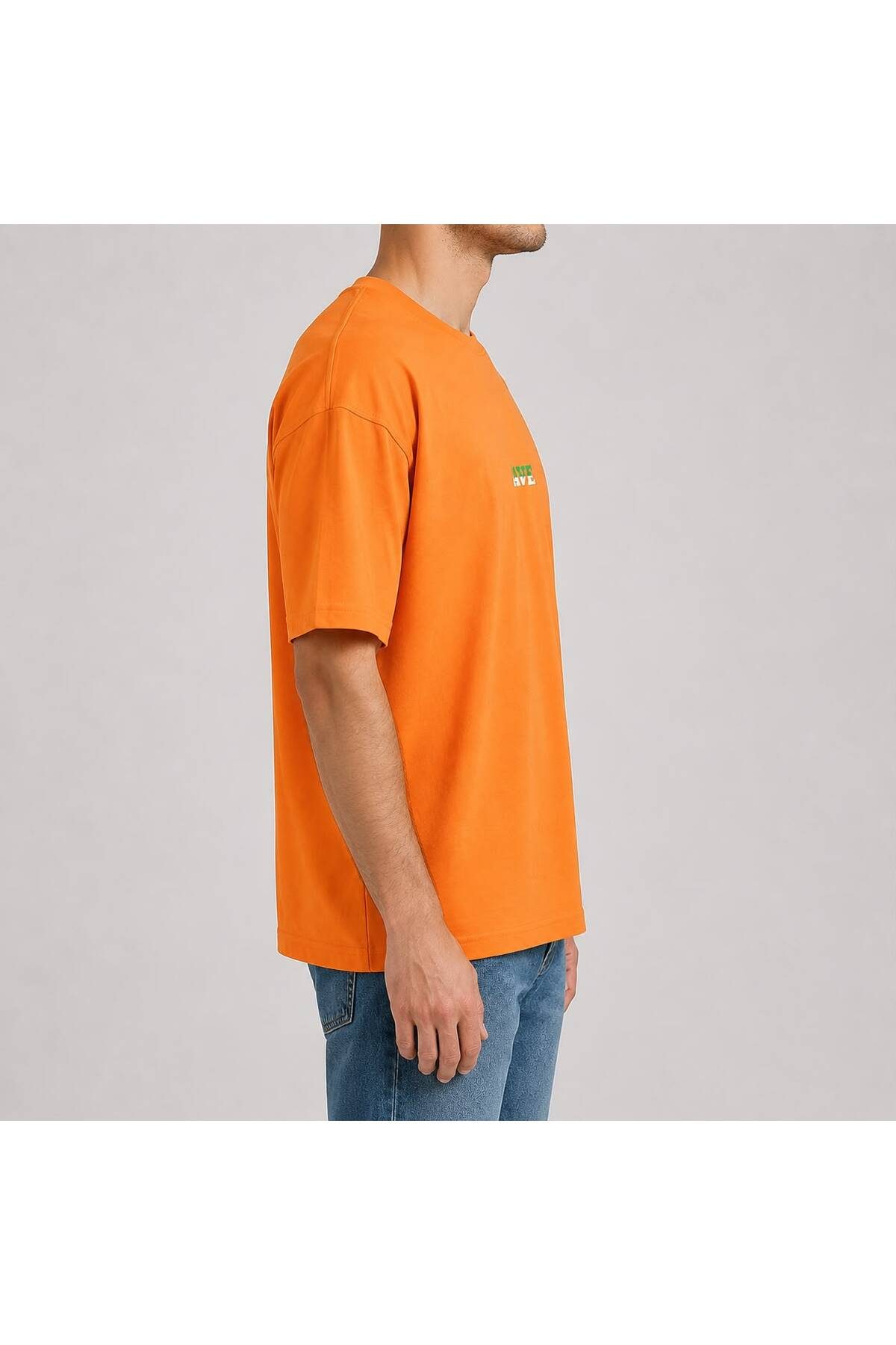 Oversize Erkek T-Shirt Turuncu – Ön Ve Sırt Baskılı Bisiklet Yaka Kısa Kollu Günlük Tişört