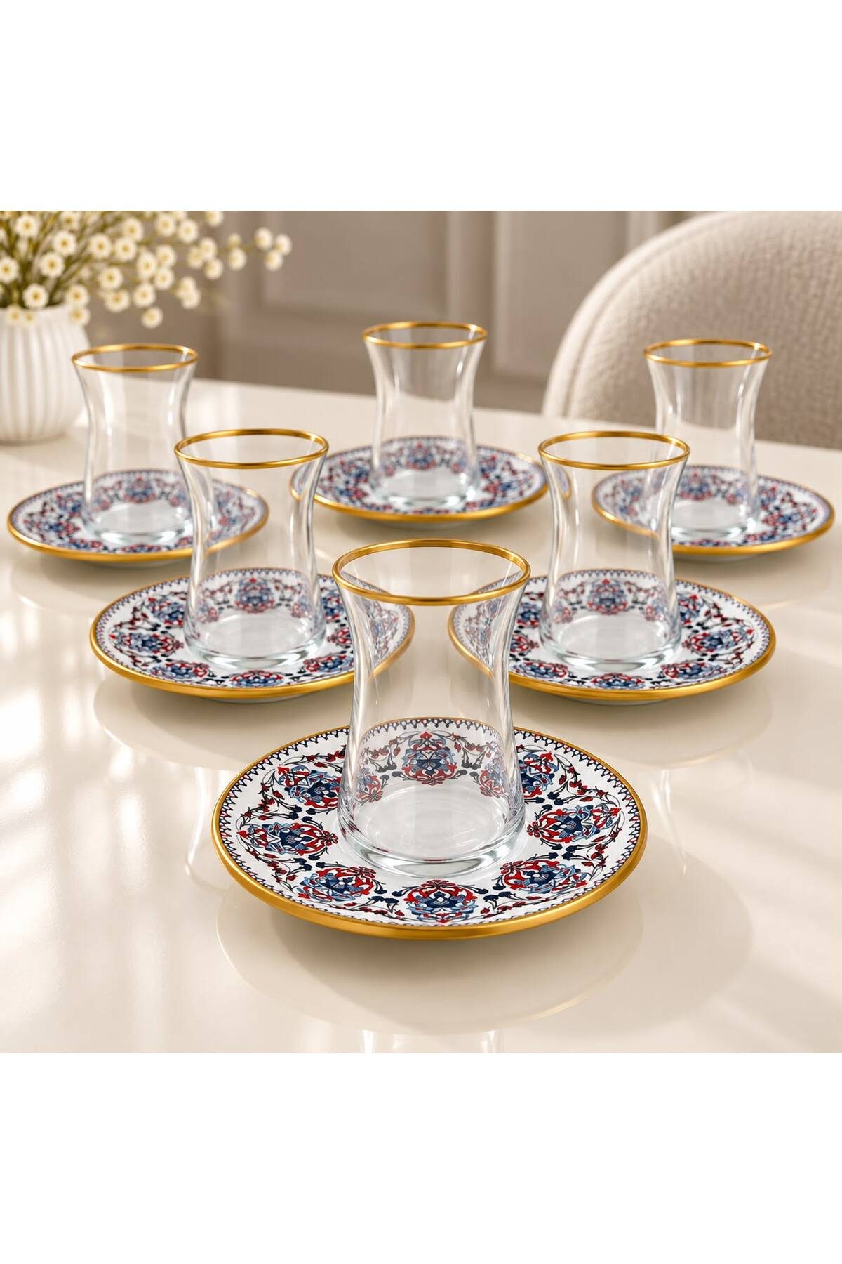 6 Kişilik 12 Parça Çay Bardağı Seti Gold Kenarlı Çeyizlik Şık Çay Takımı