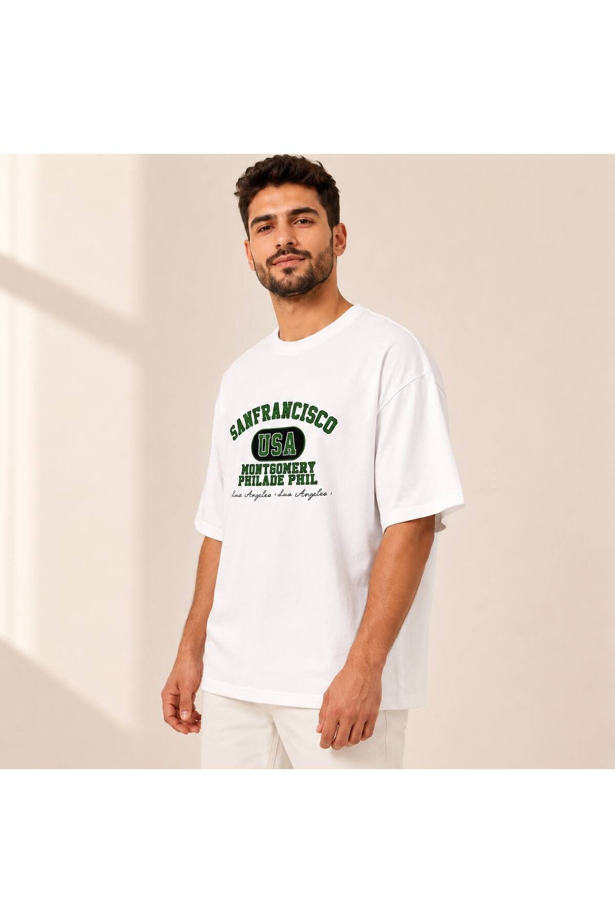 Oversize Erkek T-Shirt Beyaz – Ön Baskılı Bisiklet Yaka Kısa Kollu Günlük Tişört