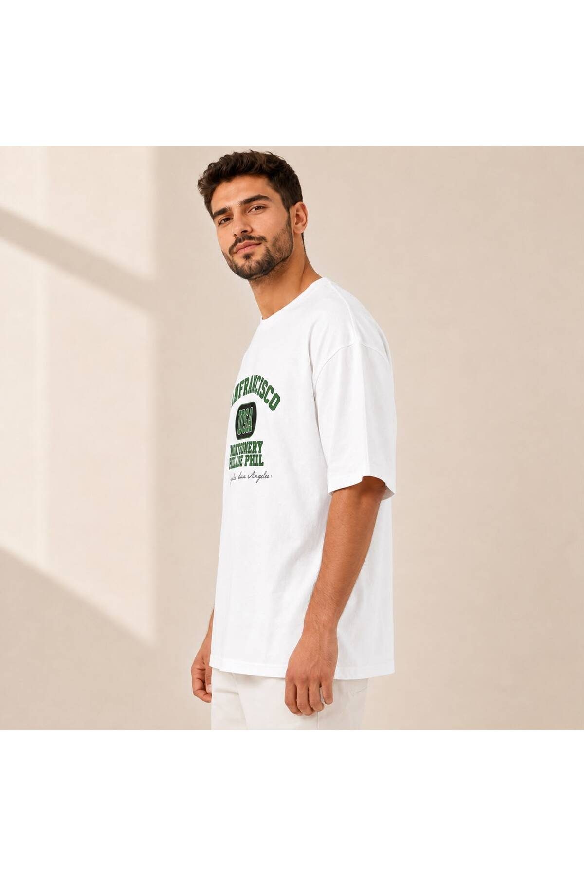 Oversize Erkek T-Shirt Beyaz – Ön Baskılı Bisiklet Yaka Kısa Kollu Günlük Tişört