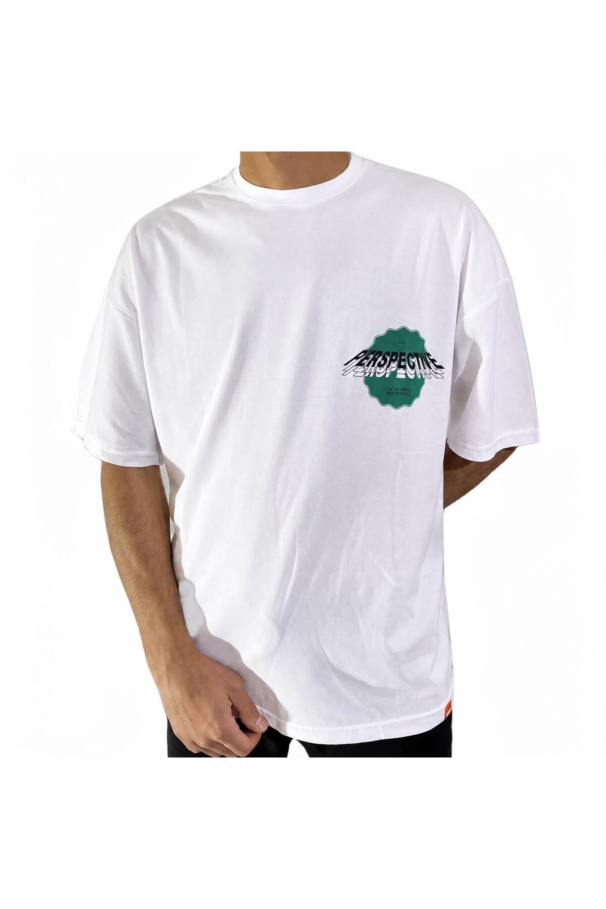 Unisex Oversize Baskılı T-Shirt Beyaz Bisiklet Yaka Kısa Kollu Rahat Kalıp