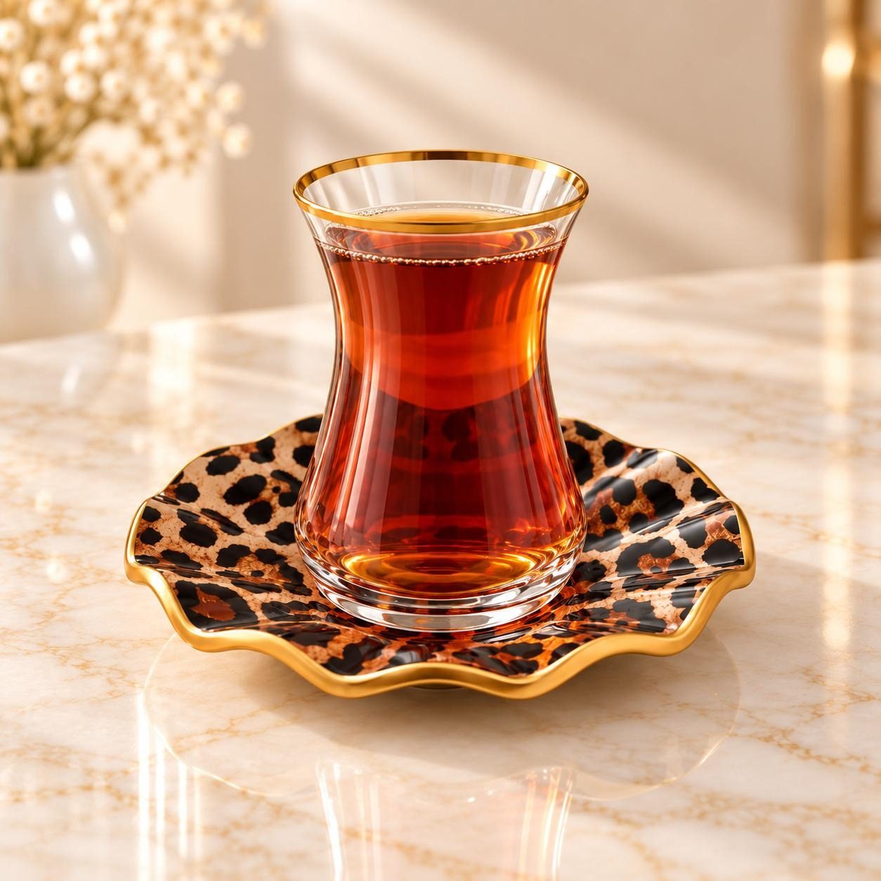 6 Kişilik Leopar Desenli Çay Seti 12 Parça Şık Sunum Takımı