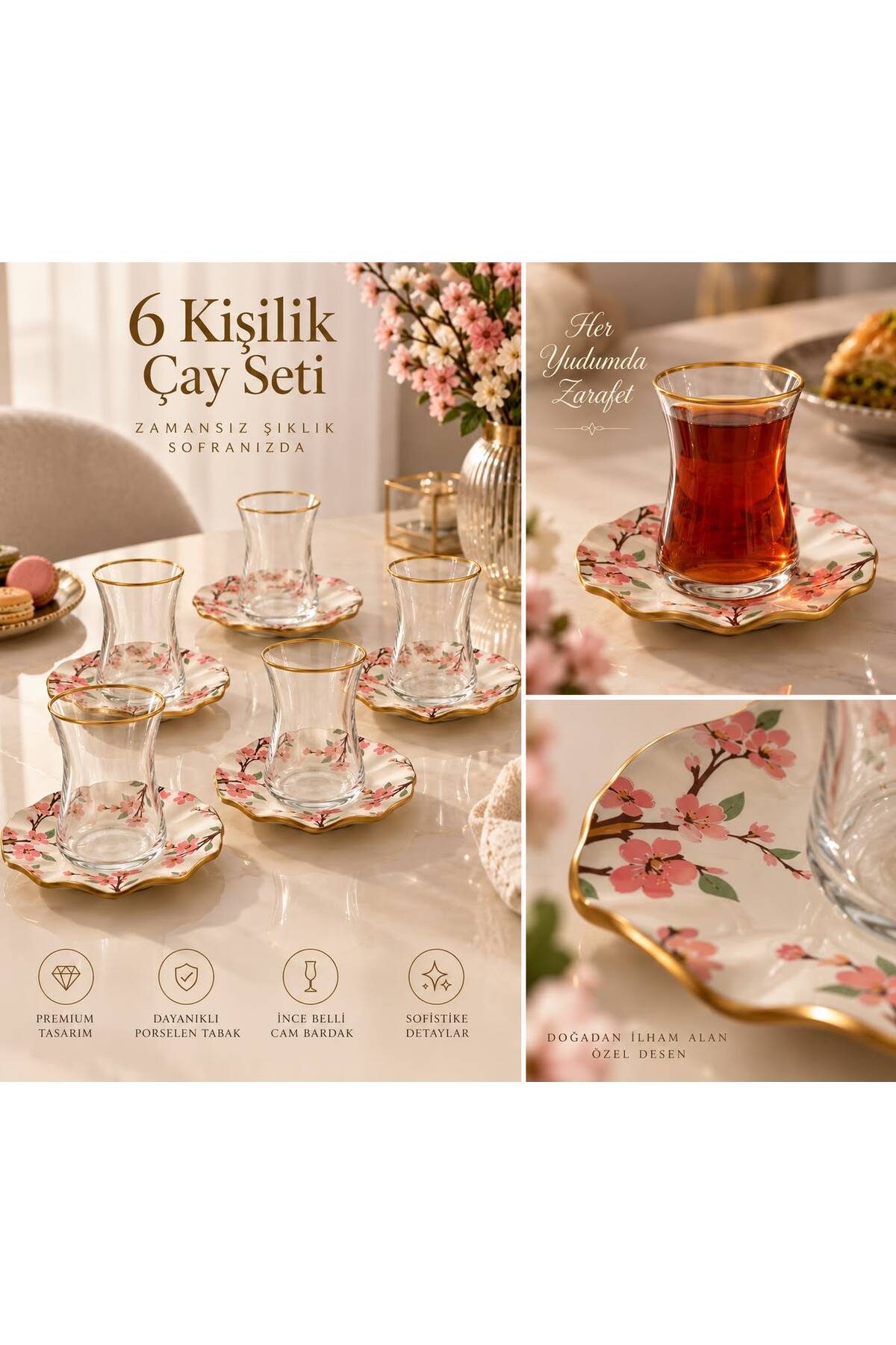 Zarif Çiçek Desenli Çay Takımı 6 Kişilik 12 Parça