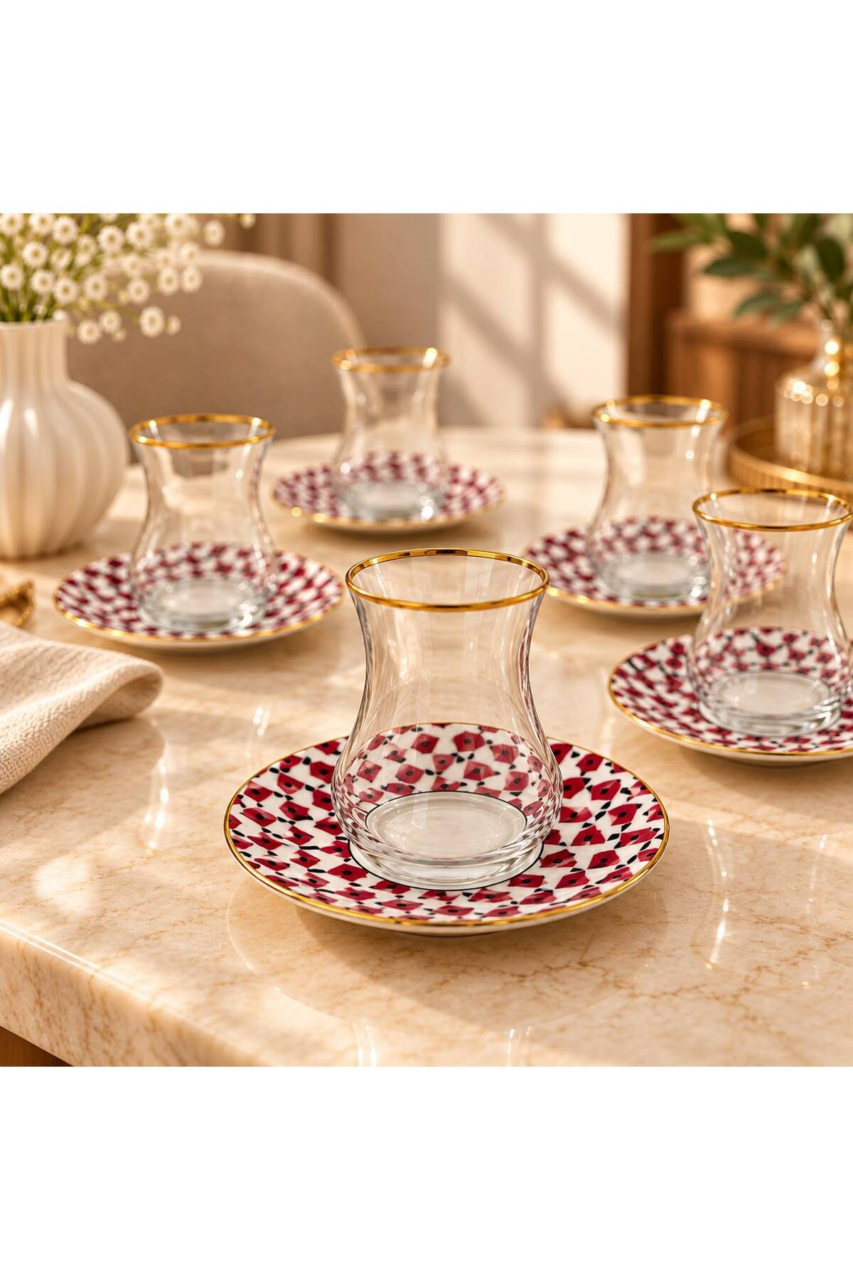 6 Kişilik Geometrik Desenli Çay Bardağı Takımı 12 Parça Kırmızı Gold Detaylı Çeyizlik Çay Seti