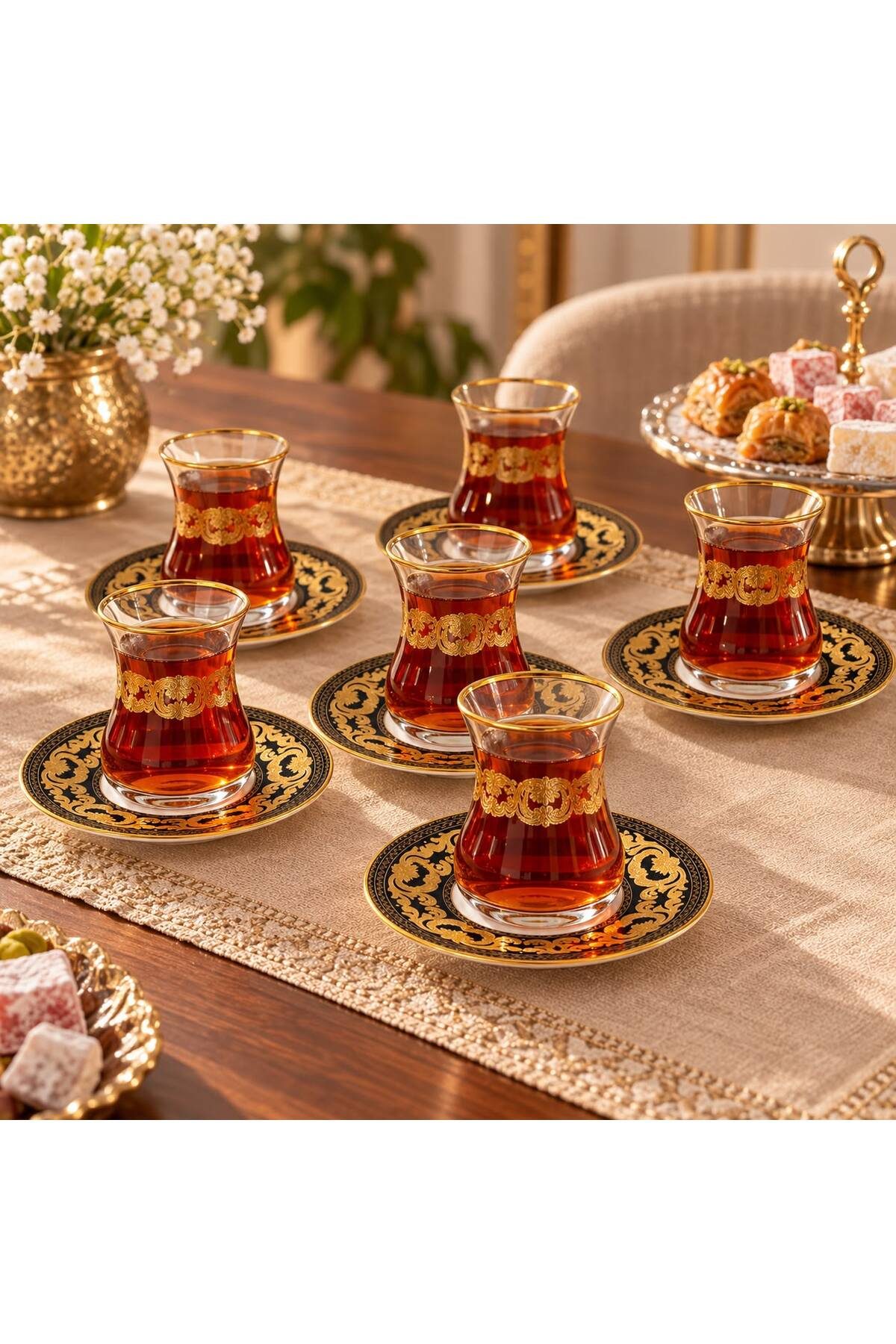 6 Kişilik 12 Parça Siyah Gold Yaldızlı Cam Çay Takımı – 6 Çay Bardağı 6 Çay Tabağı Şık Çeyizlik Çay Seti