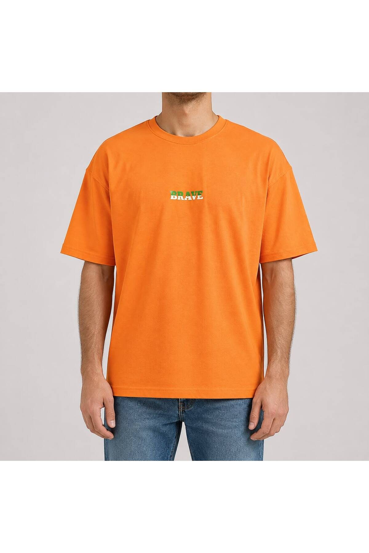 Oversize Erkek T-Shirt Turuncu – Ön Ve Sırt Baskılı Bisiklet Yaka Kısa Kollu Günlük Tişört