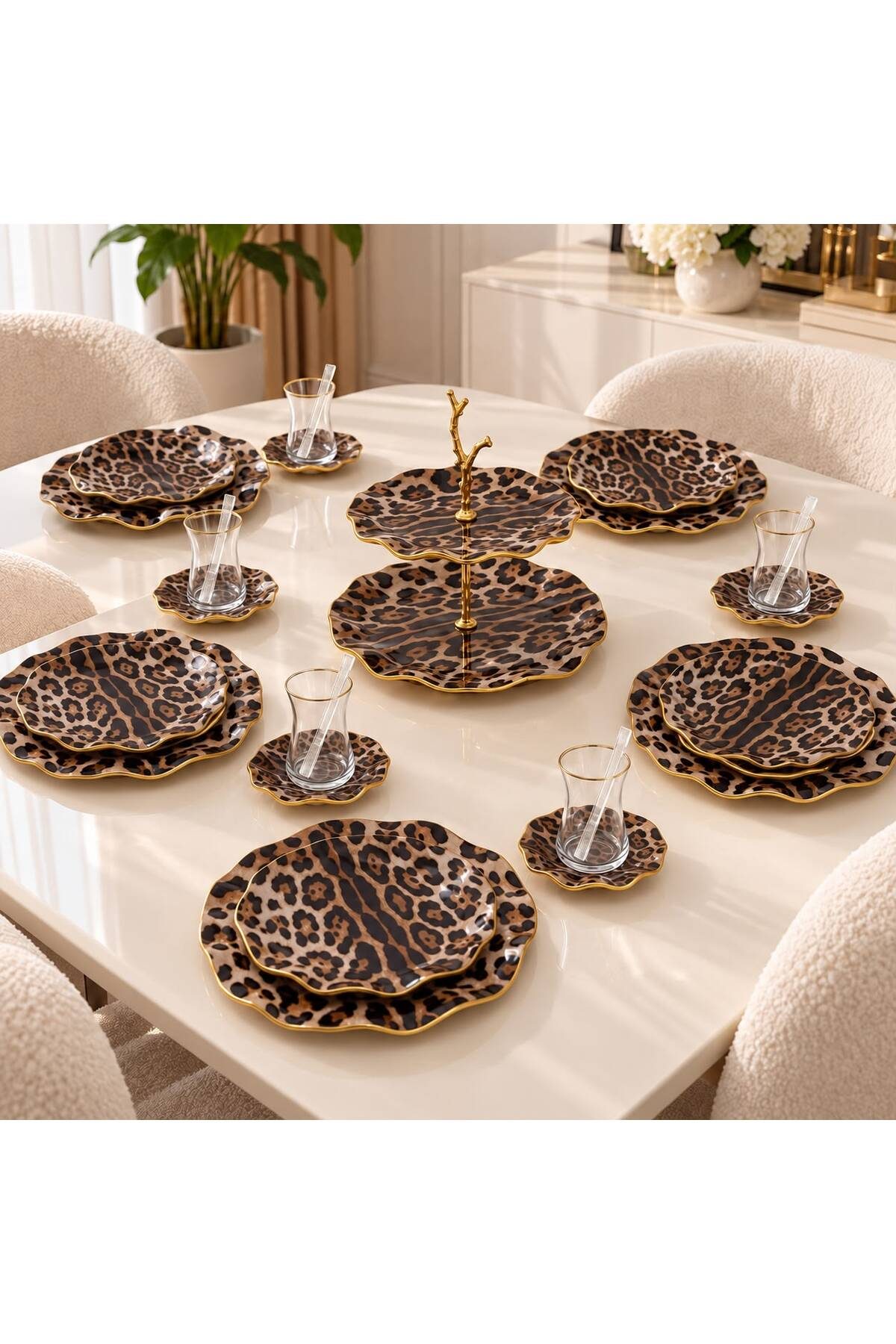 6 Kişilik 31 Parça Leopar Desenli Çeyizlik Kahvaltı ve Servis Seti Gold Detaylı
