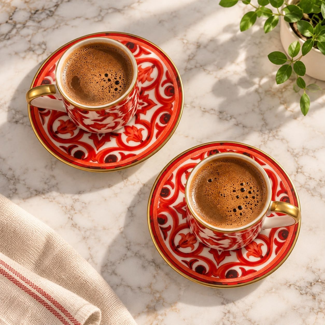 2 Kişilik 4 Parça Türk Kahvesi Fincan Takımı Kırmızı Çiçek Desenli Gold Yaldızlı