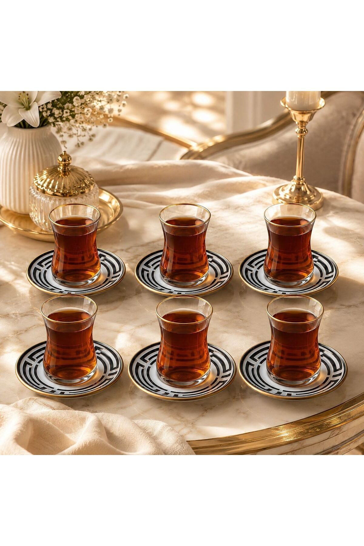 Lüks Siyah Gold Çay Bardağı Takımı 6 Kişilik 12 Parça