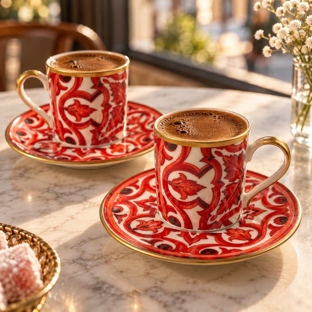2 Kişilik 4 Parça Türk Kahvesi Fincan Takımı Kırmızı Çiçek Desenli Gold Yaldızlı
