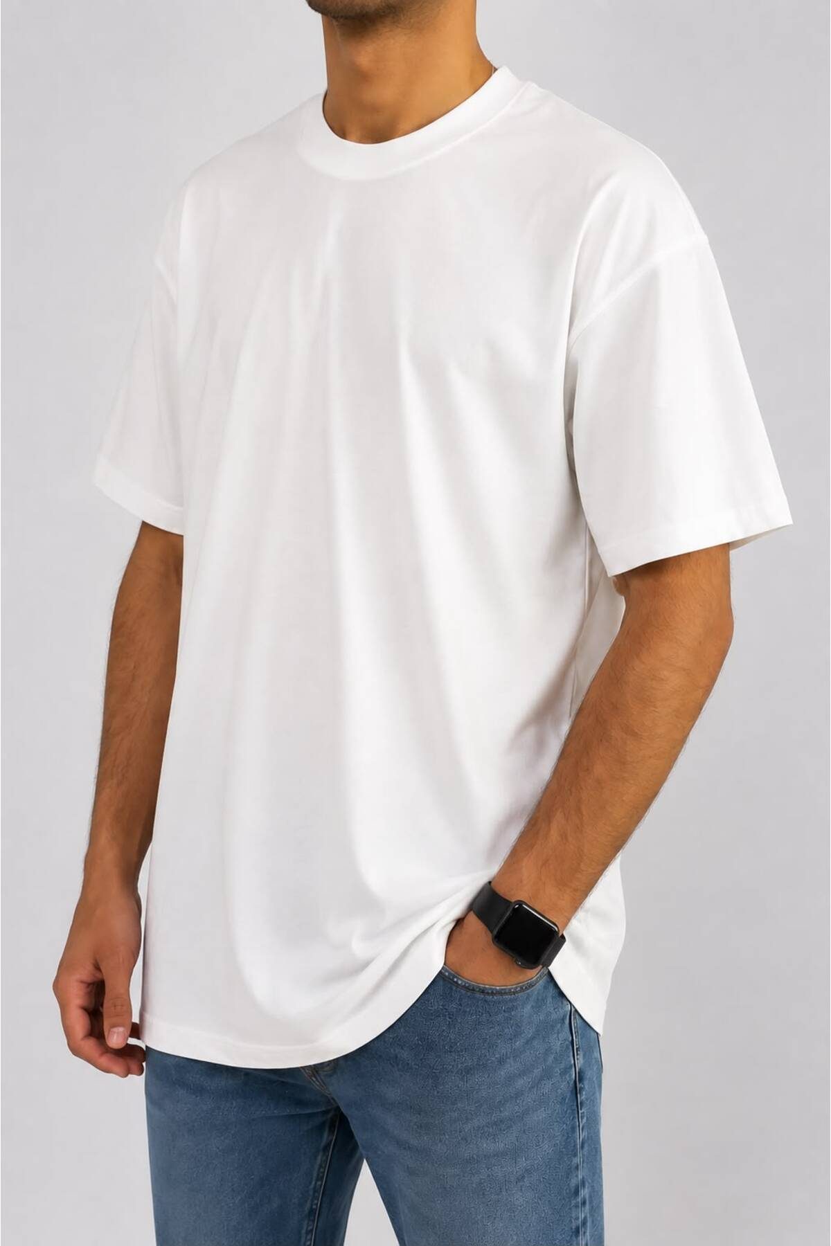 Unisex Oversize Basic T-Shirt Beyaz Bisiklet Yaka Kısa Kollu Salaş Tişört