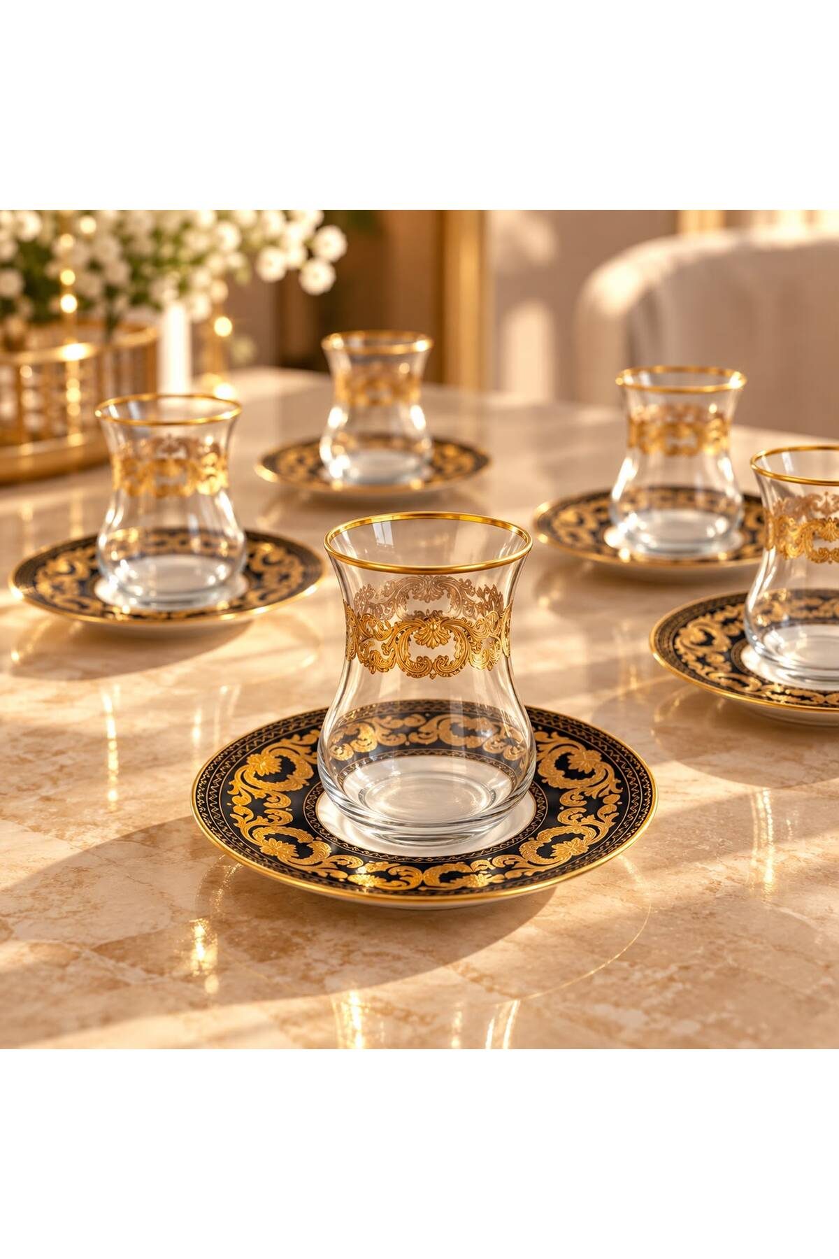 6 Kişilik 12 Parça Siyah Gold Yaldızlı Cam Çay Takımı – 6 Çay Bardağı 6 Çay Tabağı Şık Çeyizlik Çay Seti