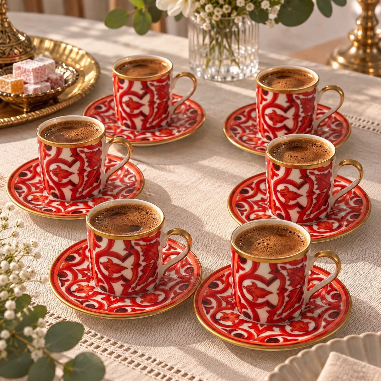 6 Kişilik 12 Parça Türk Kahvesi Fincan Takımı Kırmızı Çiçek Desenli Gold Yaldızlı