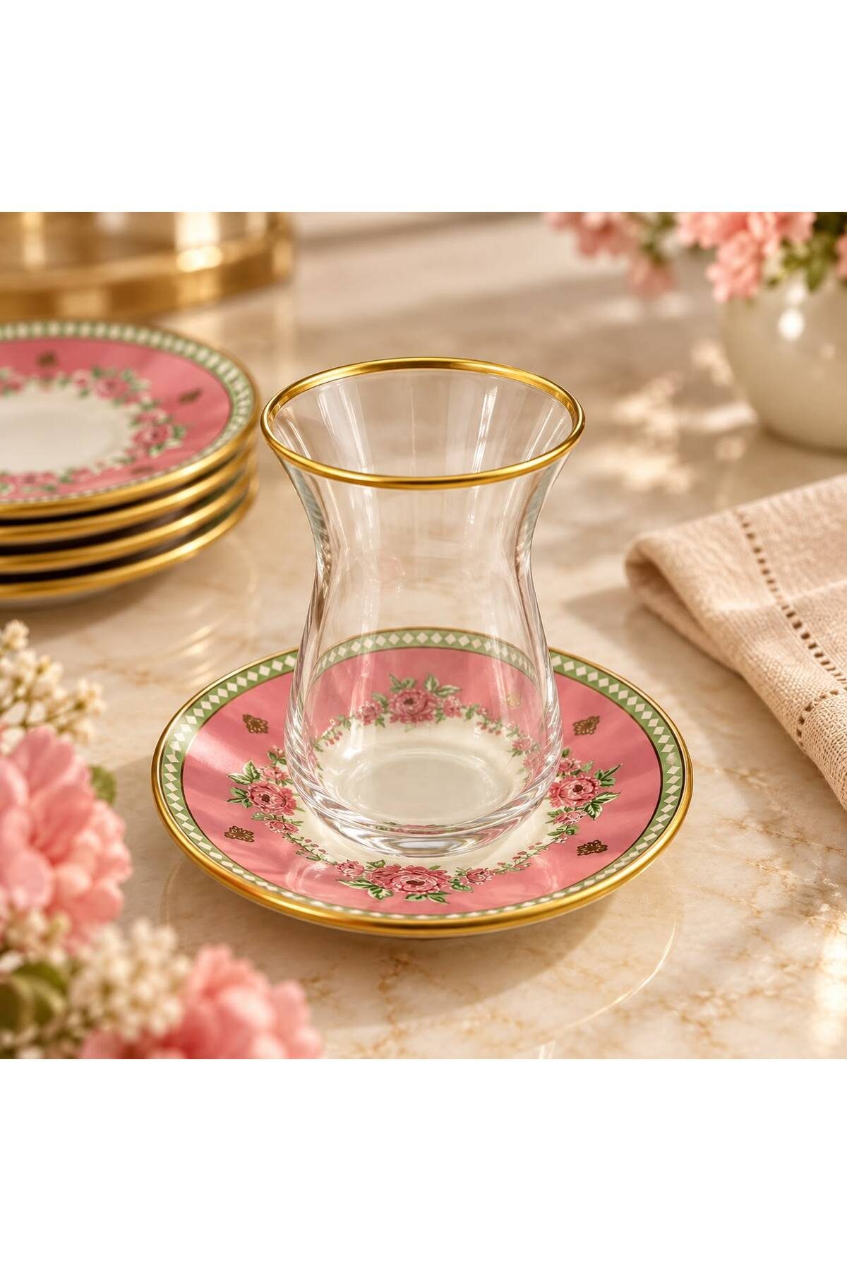 6 Kişilik Pembe Çiçekli Çay Bardağı Takımı Altın Yaldızlı Şık Çeyizlik Çay Seti