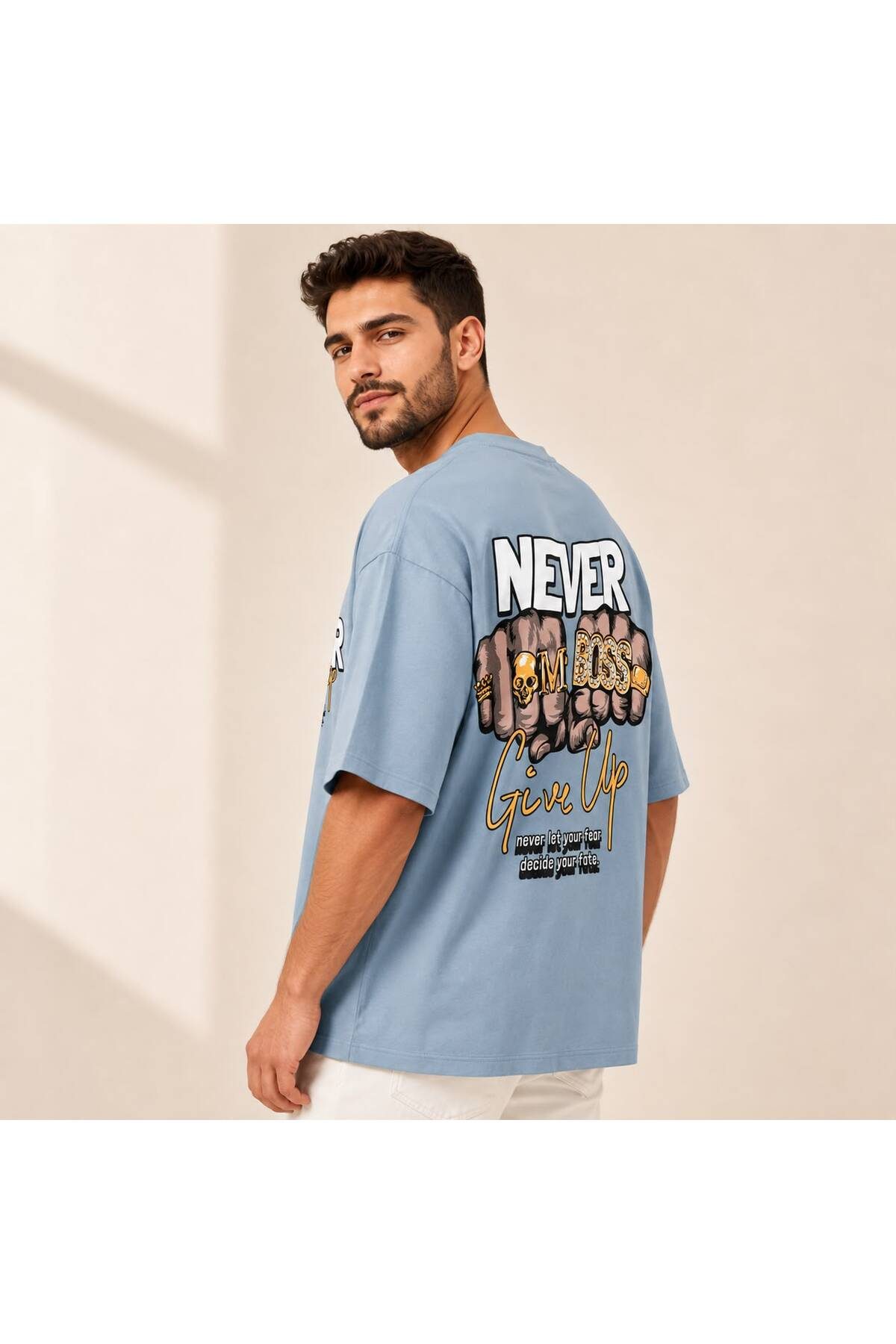 Oversize Erkek T-Shirt Mavi – Ön Ve Sırt Baskılı Bisiklet Yaka Kısa Kollu Günlük Tişört