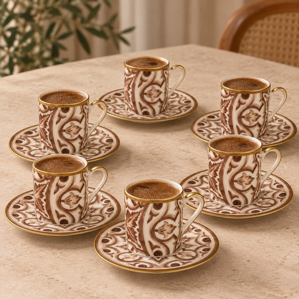 6 Kişilik 12 Parça Türk Kahvesi Fincan Takımı Gold Yaldızlı Kahverengi Desenli Porselen